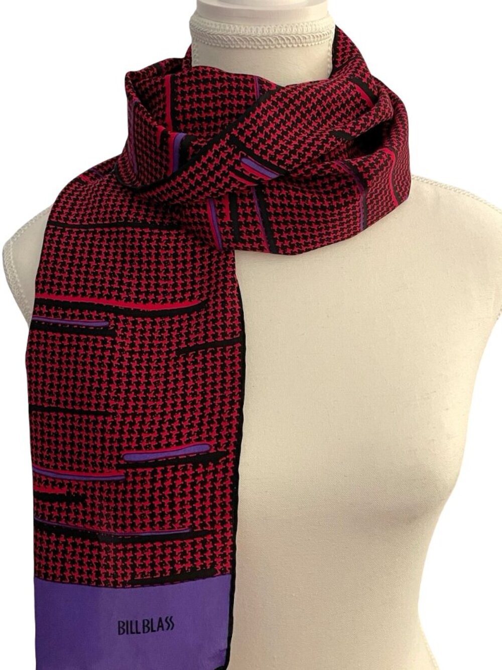 Bill Blass Geometric Silk Feel Oblong Scarf Red Black Purple 11 x 54